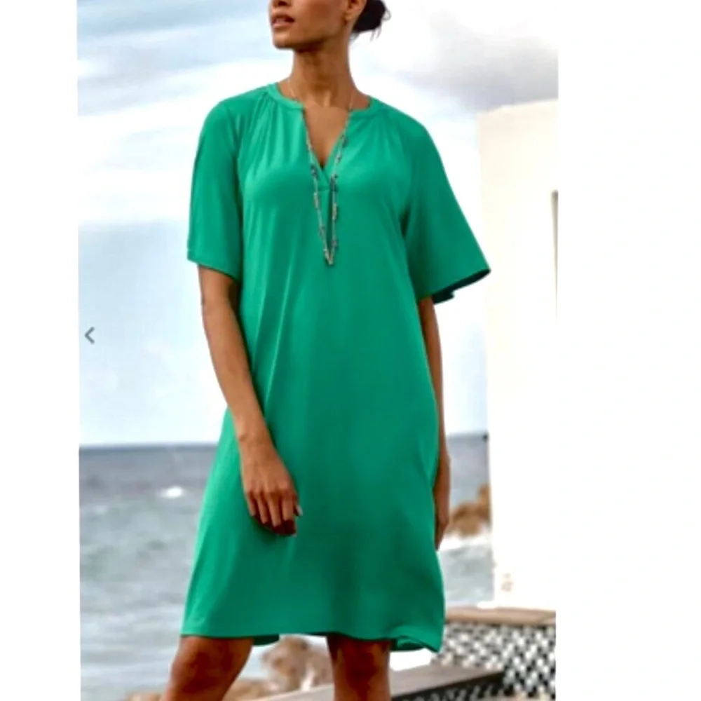 J JILL Wearever Shirred-Neckline Kelly Green Stretch Flutter-Sleeve Dress Size M